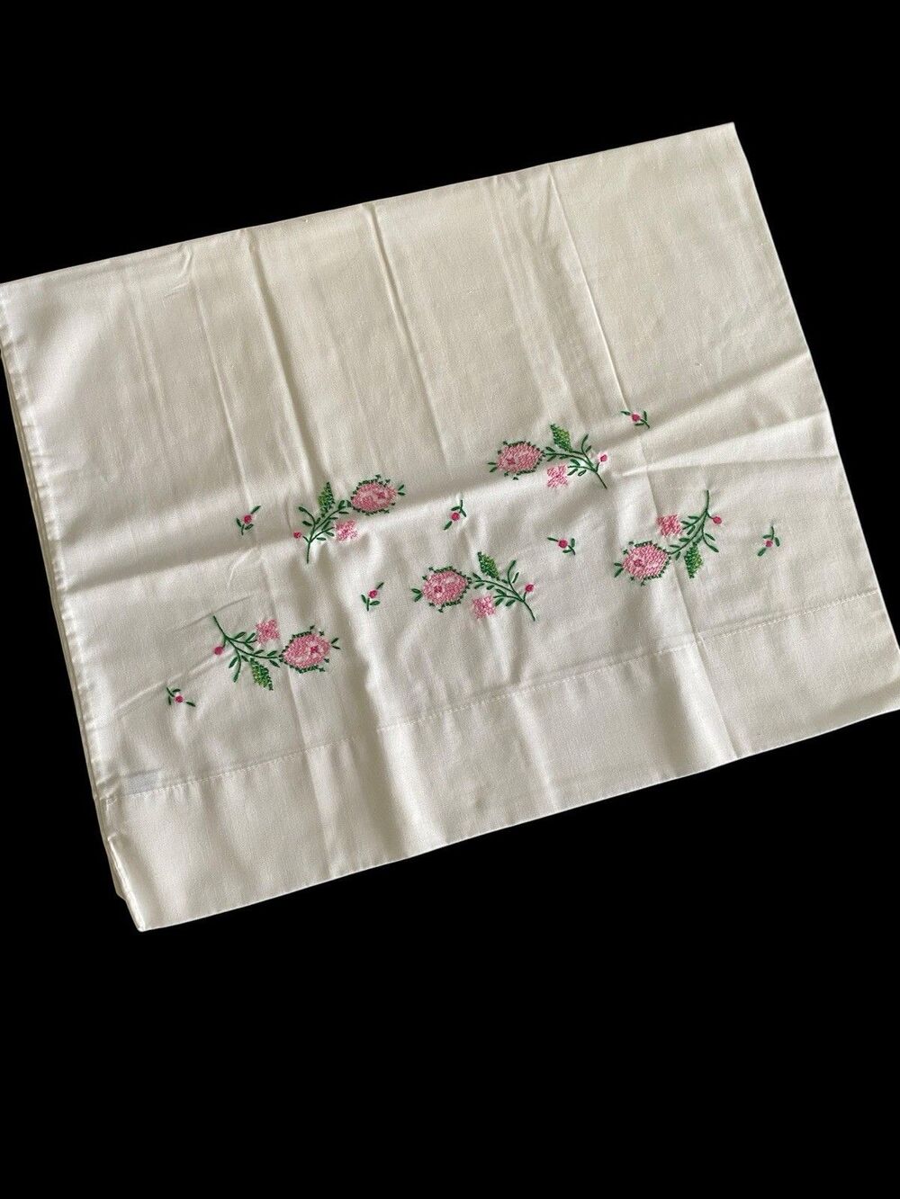 Vintage Pillowcase Embroidered Flowers Pink Cottage Chic Lady Pepperell Muslin